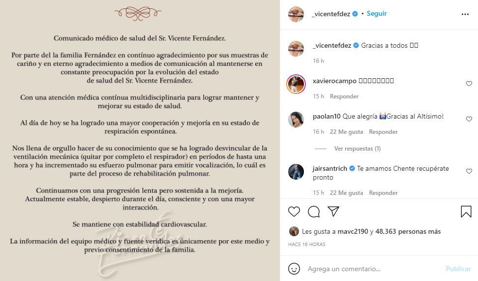 Vicente Fernández ya no requiere del respirador artificial
