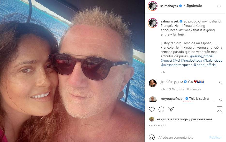 Salma Hayek celebra que grupo Kering, de François-Henri Pinault, prohíba el uso de pieles