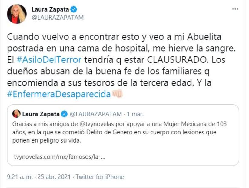 Eva Mange, abuelita de Laura Zapata y Thalía, se encuentra hospitalizada