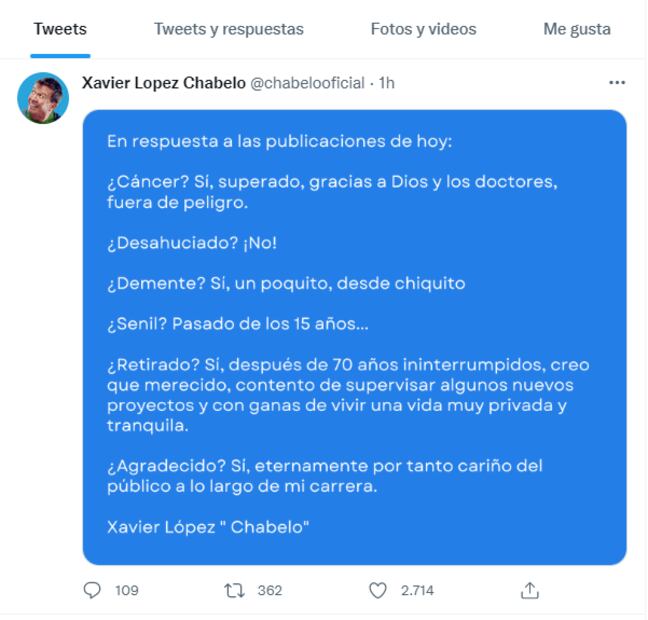 "Chabelo" confirma que tuvo cáncer pero desmiente que esté desahuciado