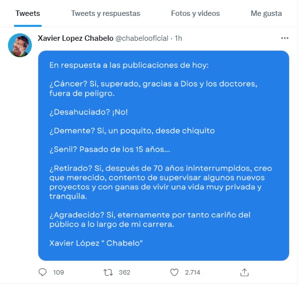 "Chabelo" confirma que tuvo cáncer pero desmiente que esté desahuciado