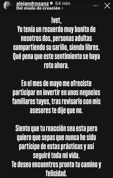 Alejandro Sanz compartió un mensaje a Ivet Playà / Foto: Instagram @alejandrosanz