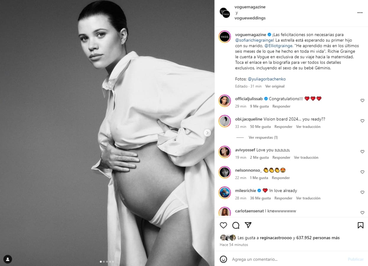 Sofia Richie anuncia su embarazo / Instagram: @voguemagazine