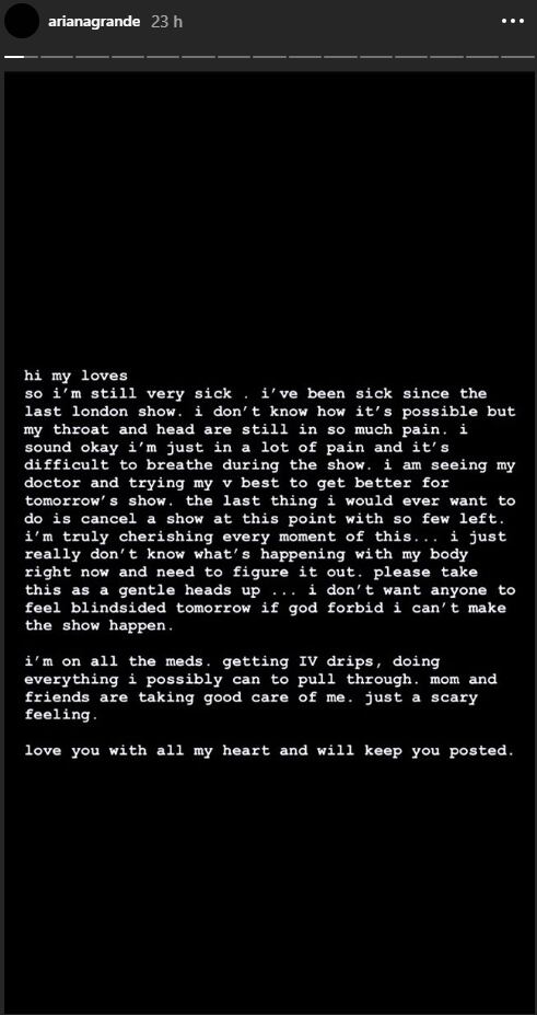 Ariana Grande informa a sus seguidores que se encuentra muy grave de salud 