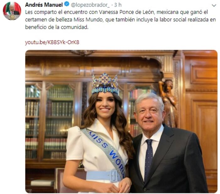 “No estamos peleados desde ningún punto de vista con la belleza”: El mensaje de AMLO durante la visita de Miss Mundo 2018, Vanessa Ponce