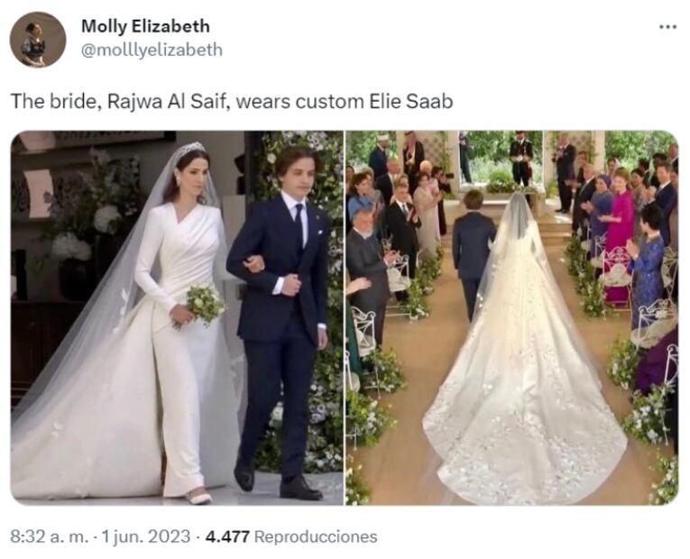 El vestido de novia de la princesa Rajwa Al Saif / Twitter