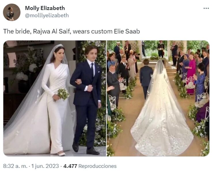 El vestido de novia de la princesa Rajwa Al Saif / Twitter