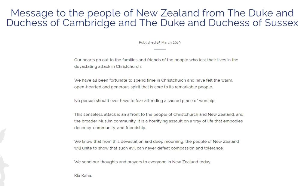 Los príncipes William y Harry, y las duquesas Kate Middleton y Meghan Markle conmovidos por la masacre de Nueva Zelanda