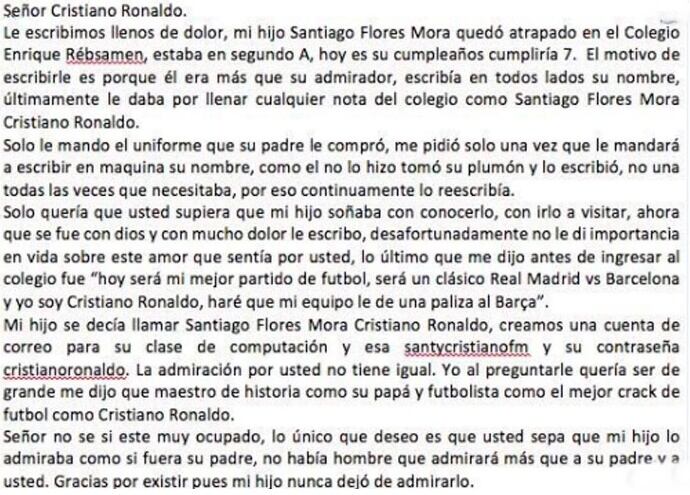 Cristiano Ronaldo dedica camiseta a Santiago, quien murió en el Rébsamen