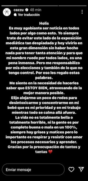 Historia de instagram de Cazzu, declaraciones sobre su bebé / Instagram: @cazzu