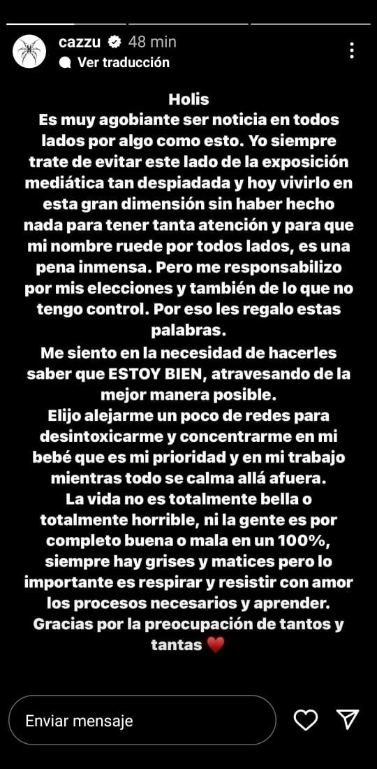Historia de instagram de Cazzu, declaraciones sobre su bebé / Instagram: @cazzu