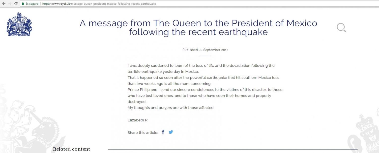 La reina Isabel II envió sus condolencias por el sismo en México