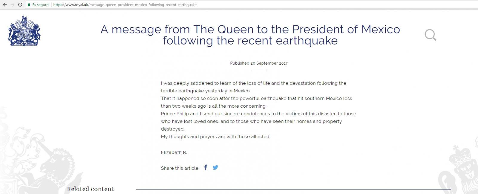 La reina Isabel II envió sus condolencias por el sismo en México