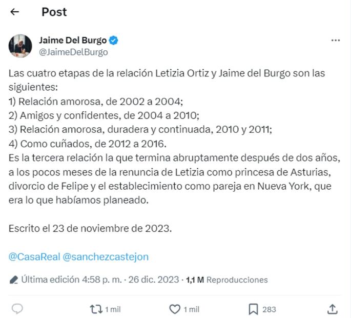 Los mensajes de Jaime Del Burgo sobre Letizia de España / Foto: Captura