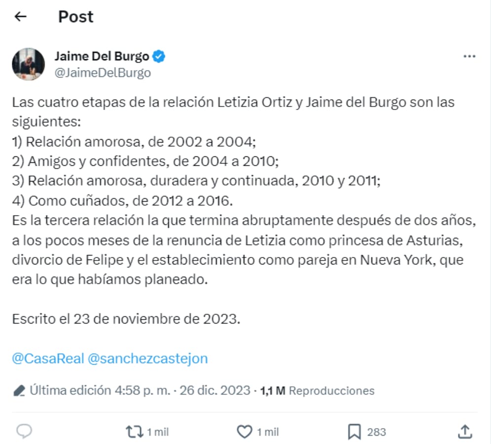 Los mensajes de Jaime Del Burgo sobre Letizia de España / Foto: Captura