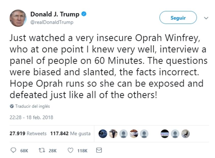 Donald Trump critica y reta a Oprah Winfrey 