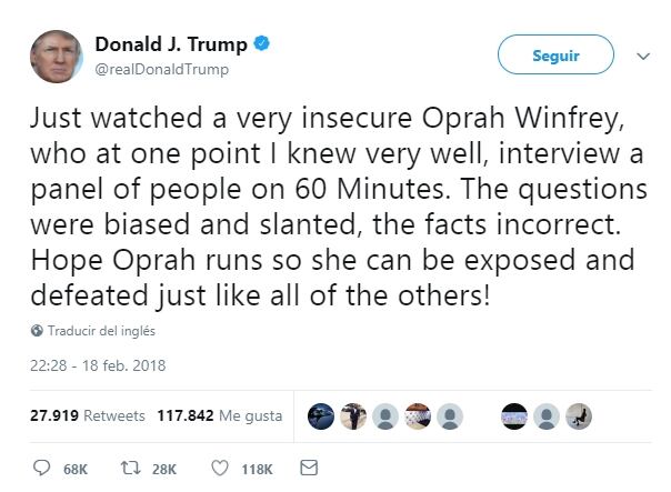 Donald Trump critica y reta a Oprah Winfrey 