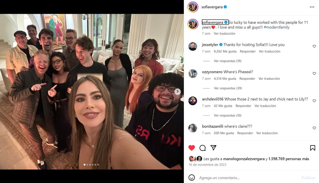 Sofía Vergara en una reunión del elenco de la serie Modern Family/Instagram.