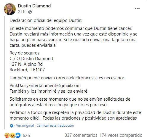 Dustin Diamond es diagnosticado con cáncer etapa 4 