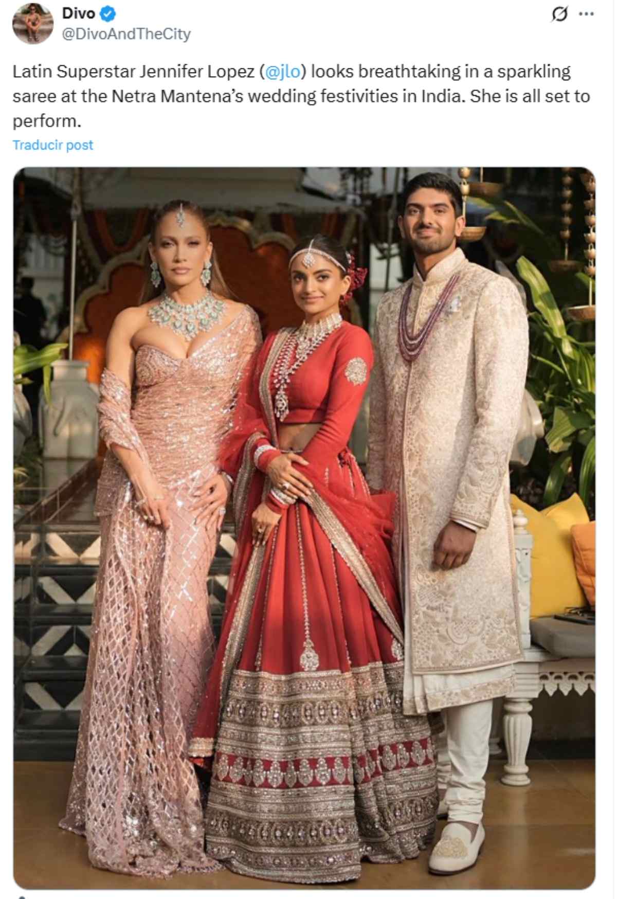 Jennifer Lopez asistió a la lujosa boda de  Netra Mantena y Vamsi Gadiraju / Foto:  Captura X