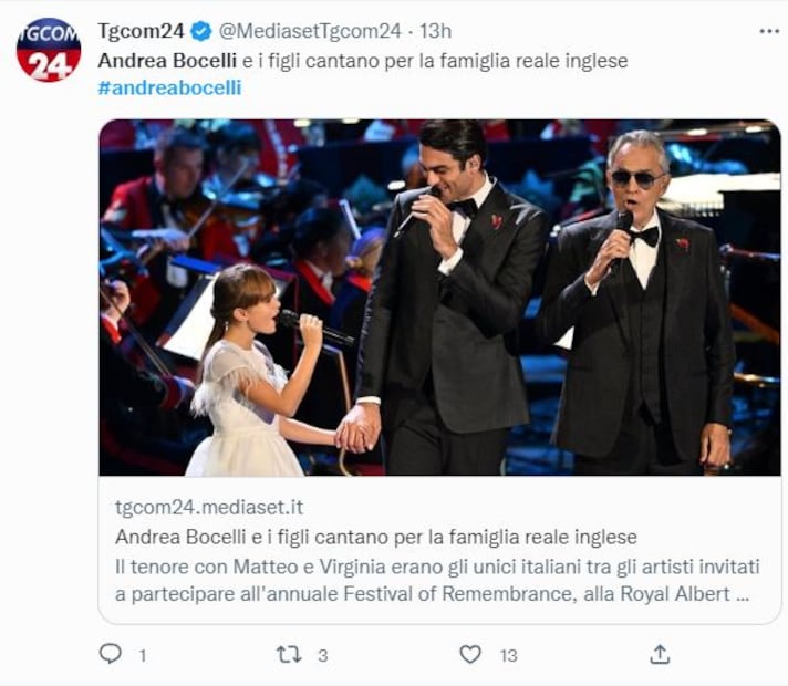Andrea Bocelli y sus hijos, Virginia y Matteo, cantaron en el Royal Albert Hall Remembrance