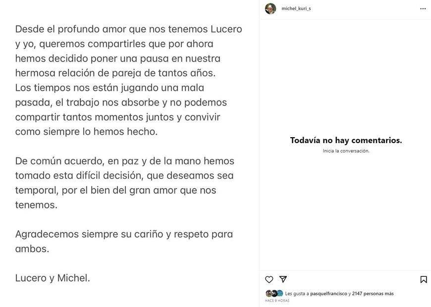 Mensaje de Michel Kuri y Lucero / Instagram