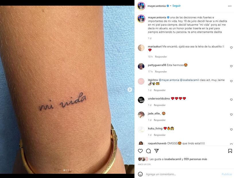 Antonia, hija de Sergio Mayer e Issabela Camil, se hace su primer tatuaje
