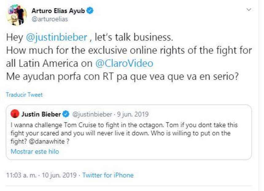 Justin Bieber mantiene la posiblidad de pelear contra Tom Cruise