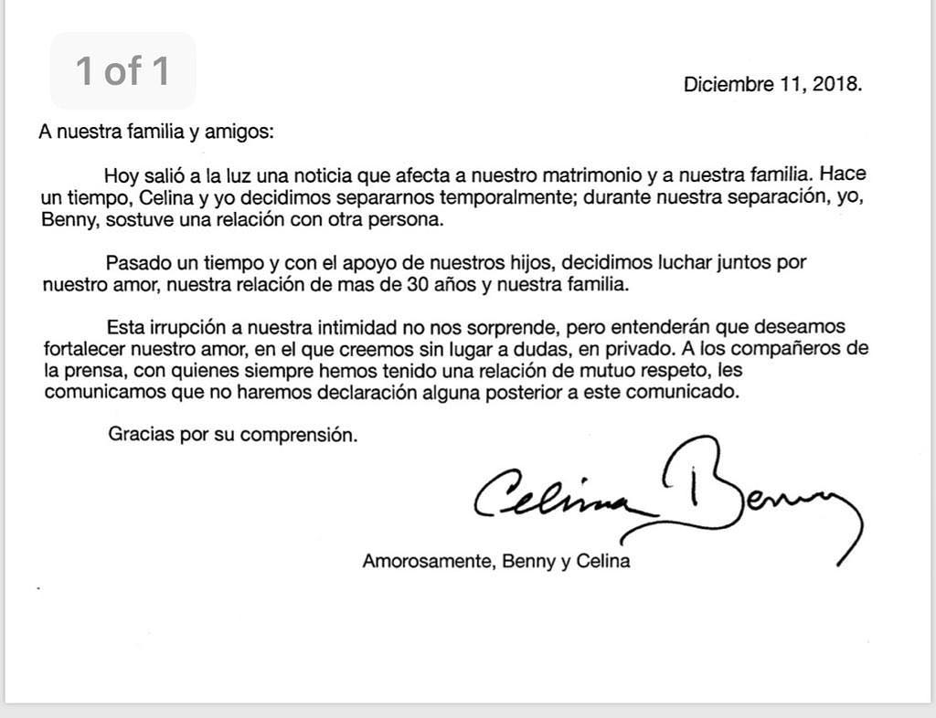 Benny Ibarra aclara que comenzó una relación cuando estaba separado de Celina del Villar