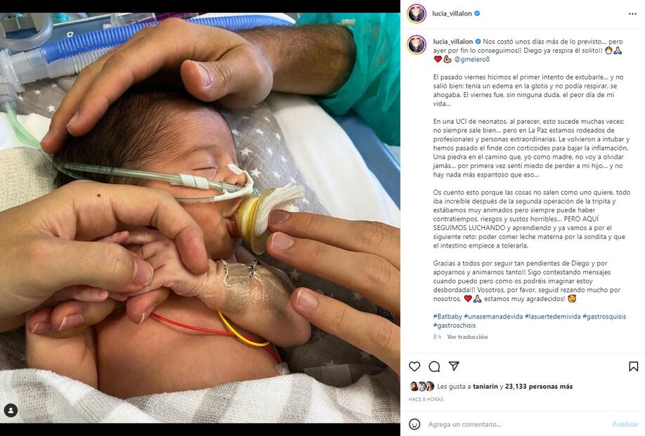 El bebé de Lucía Villalón ya puede respirar solito 