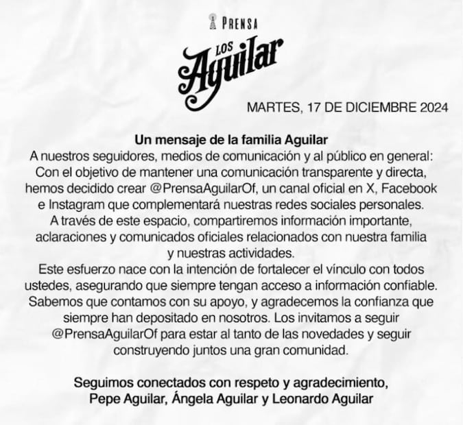 El comunicado de la familia Aguilar / Foto: Instagram