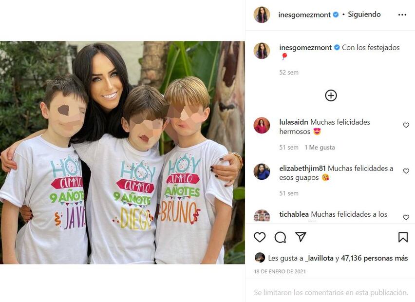 Tania Díaz, tía de los trillizos Diego, Javier y Bruno, hijos de Inés Gómez Mont, los felicita en su cumpleaños