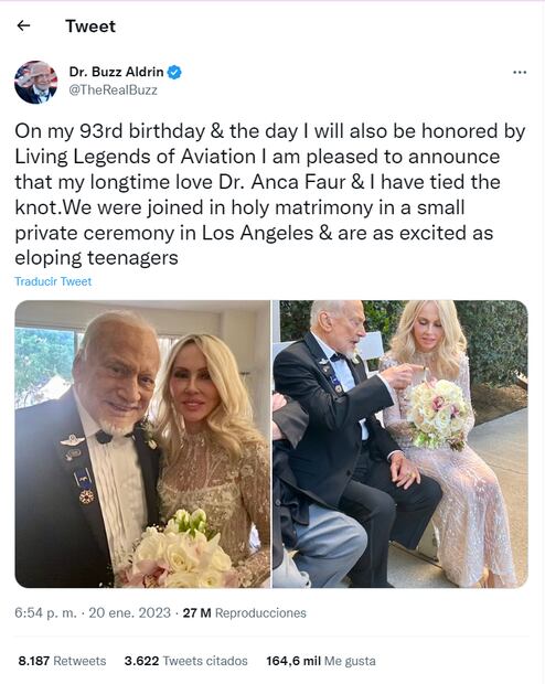 Buzz Aldrin, astronauta que pisó la Luna, se casa a los 93 años