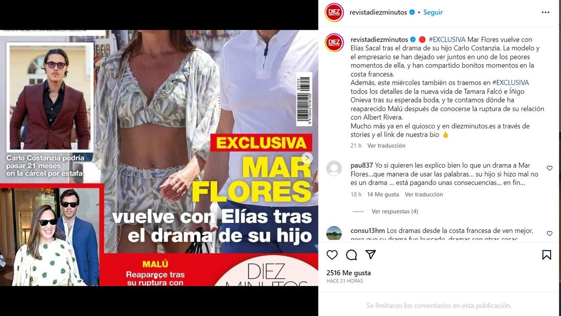 La portada de la revista 'Diez Minutos' es de Mar Flores y Elías Sacal / Instagram