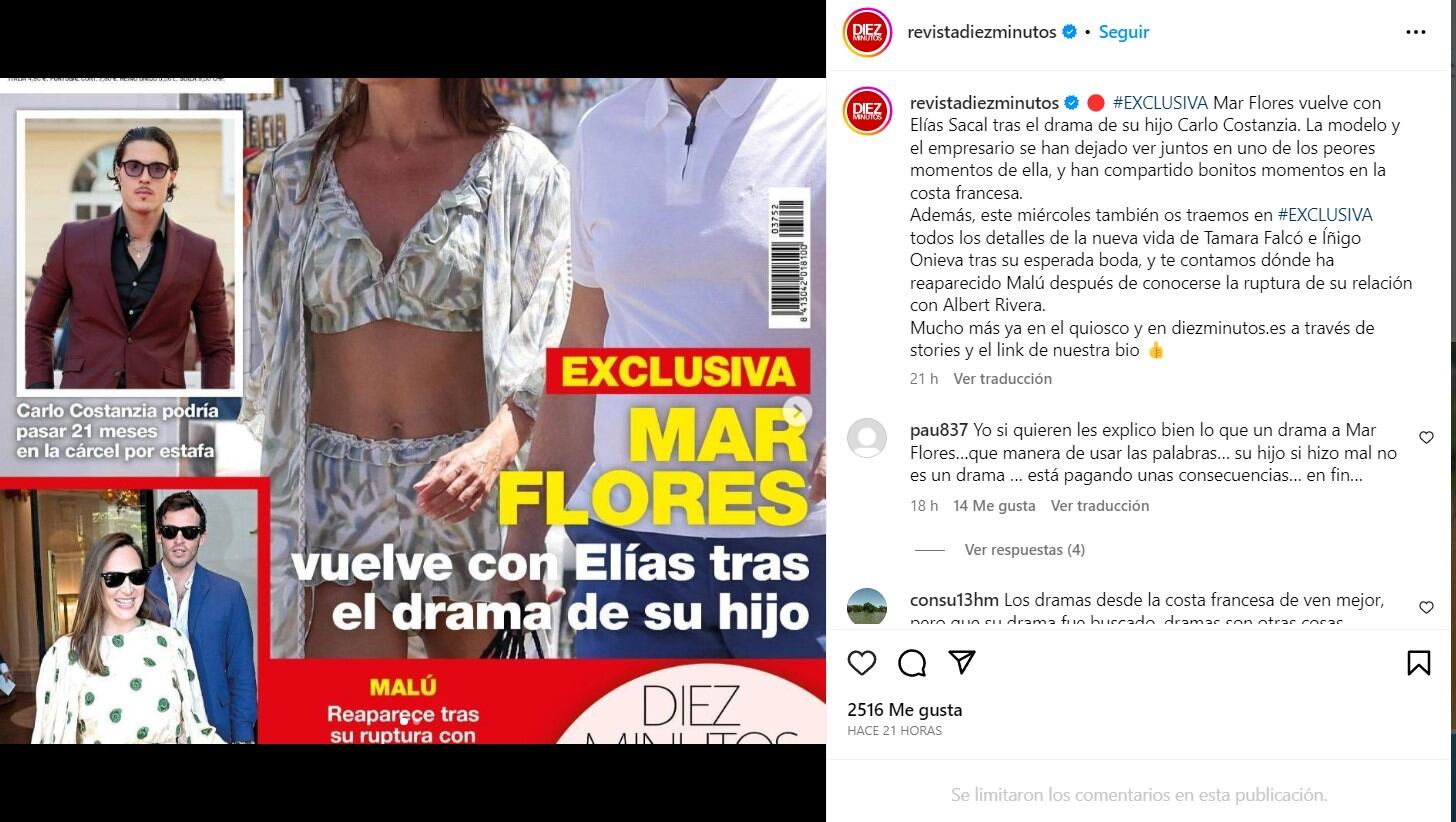 La portada de la revista 'Diez Minutos' es de Mar Flores y Elías Sacal / Instagram