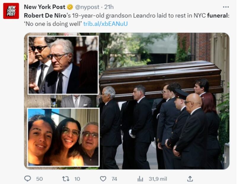Robert De Niro en el funeral de su nieto Leandro / Twitter