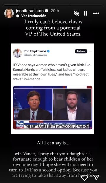 Jennifer Aniston arremete contra JD Vance / Foto: Instagram