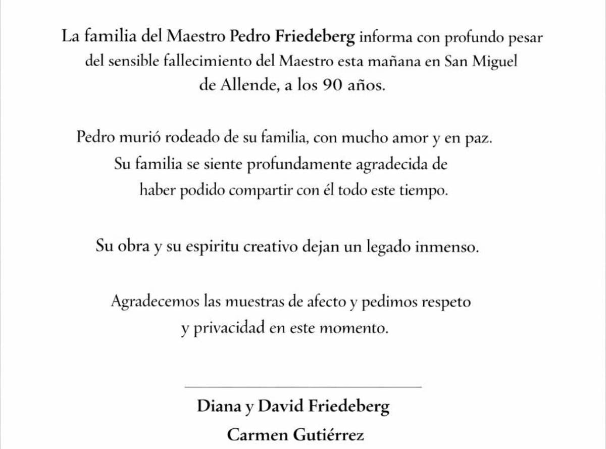 La noticia del fallecimiento de Pedro Friedeberg  / Foto: Instagram