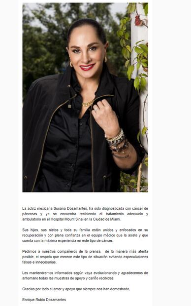Confirmado: Susana Dosamantes tiene cáncer de páncreas