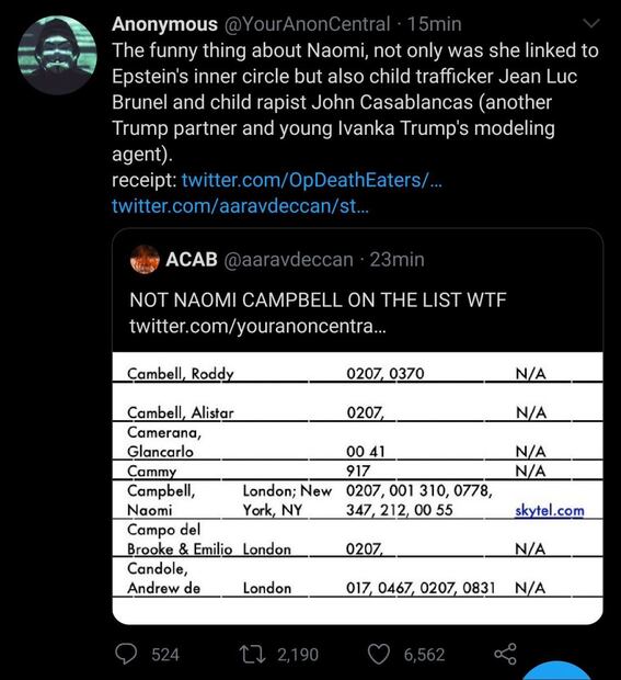 Anonymous vincula a Naomi Campbell, Donald Trump, Michael Bloomberg y Phil Collins con el pedófilo Jeffrey Epstein 