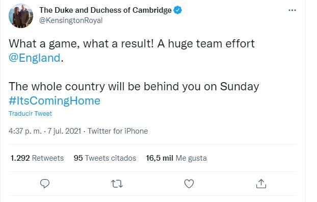 El príncipe William celebra la final Inglaterra contra Italia en la Euro 2020: "¡Qué juego, qué resultado!"