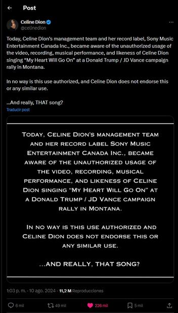 El comunicado de Céline Dion / Foto: Captura de pantalla