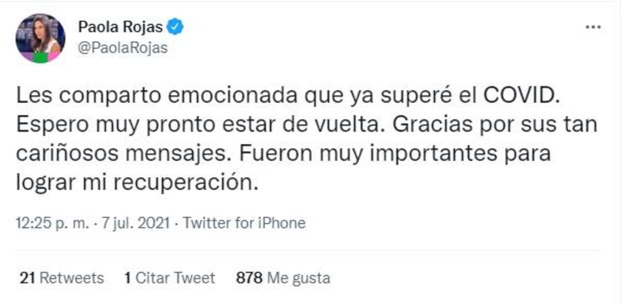 Paola Rojas vence el Covid-19: "Espero muy pronto estar de vuelta"