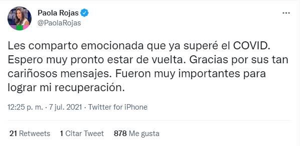 Paola Rojas vence el Covid-19: "Espero muy pronto estar de vuelta"