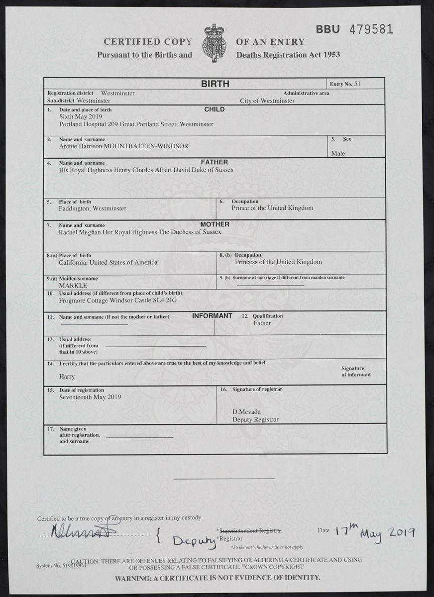 Como lo anunciamos: el certificado de nacimiento de Archie, hijo de Meghan y Harry, revela el lugar donde nació