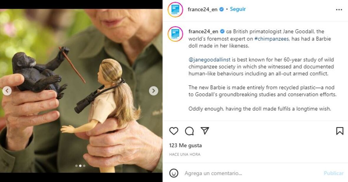 Barbie lanza muñeca inspirada en Jane Goodall, pionera en estudio de los chimpancés