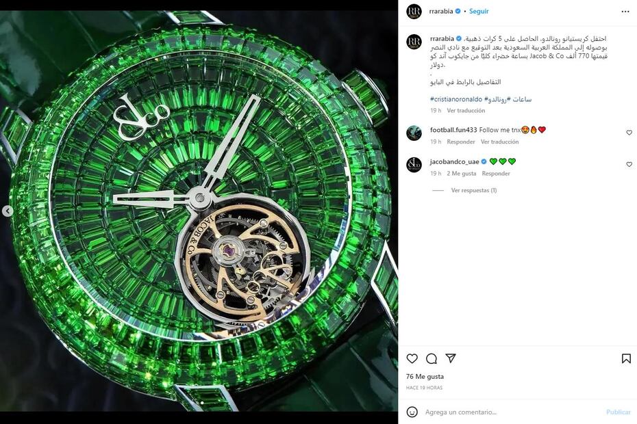 Cristiano Ronaldo estrena opulento reloj de Jacob & Co con piedras preciosas que mejoran la fertilidad