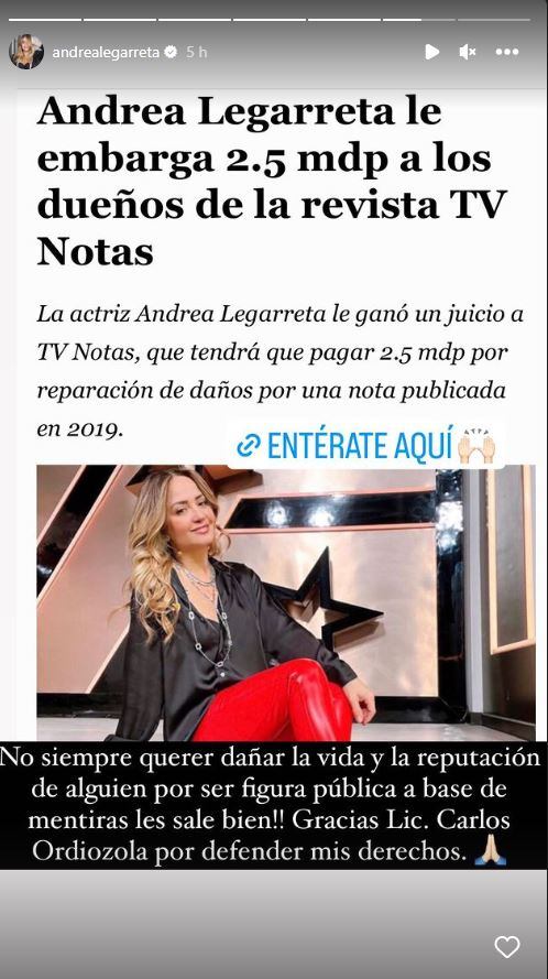Andrea Legarreta gana juicio por daño moral con 2.5 millones de pesos
