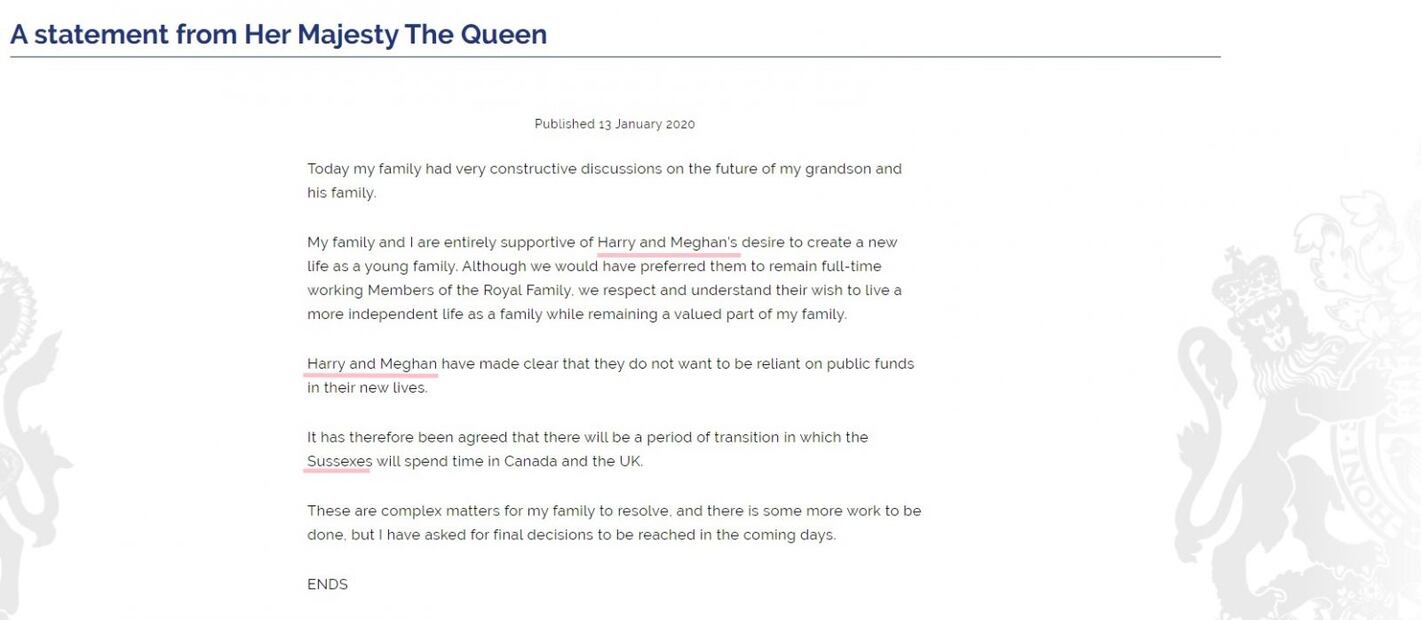 En el comunicado, la reina Isabel ll no usó los títulos reales del príncipe Harry y Meghan Markle 
