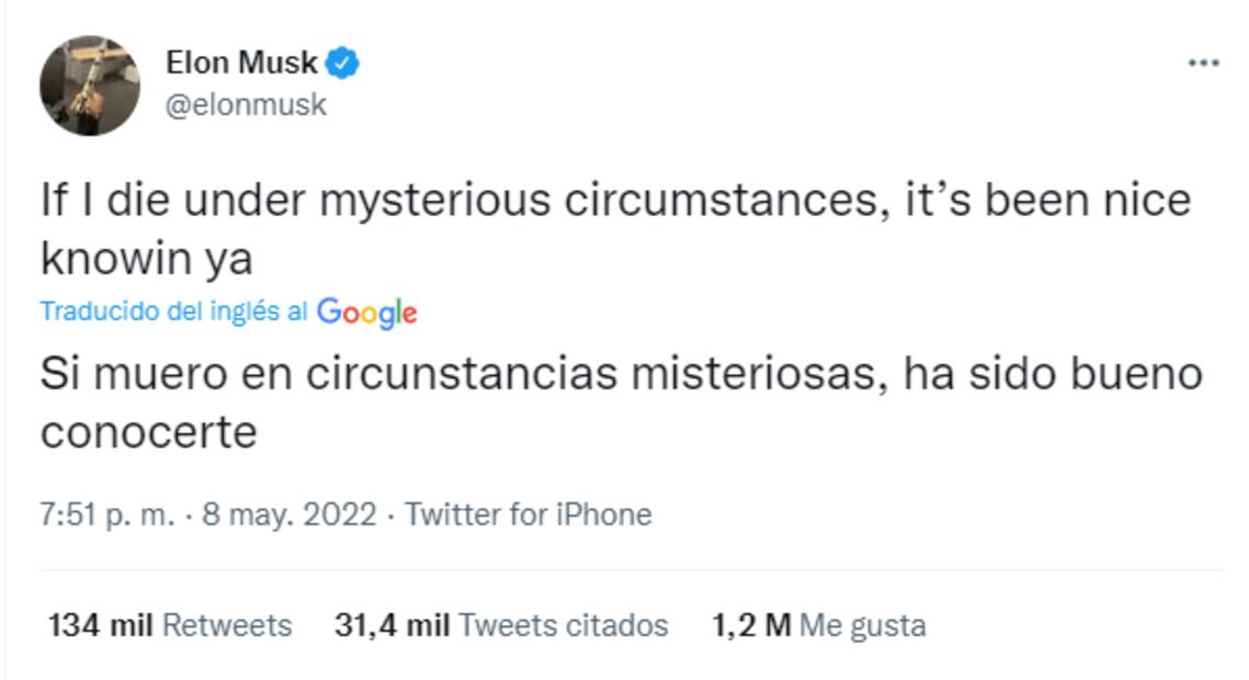 Elon Musk publicó un tuit sobre morir “en circunstancias misteriosas”